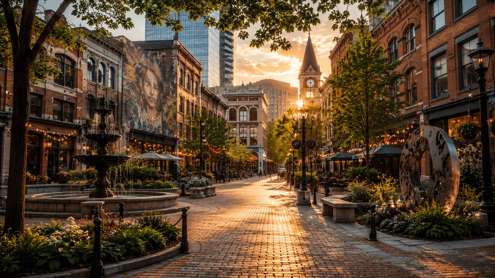 Walkable city district with public art, gardens, and historic architecture