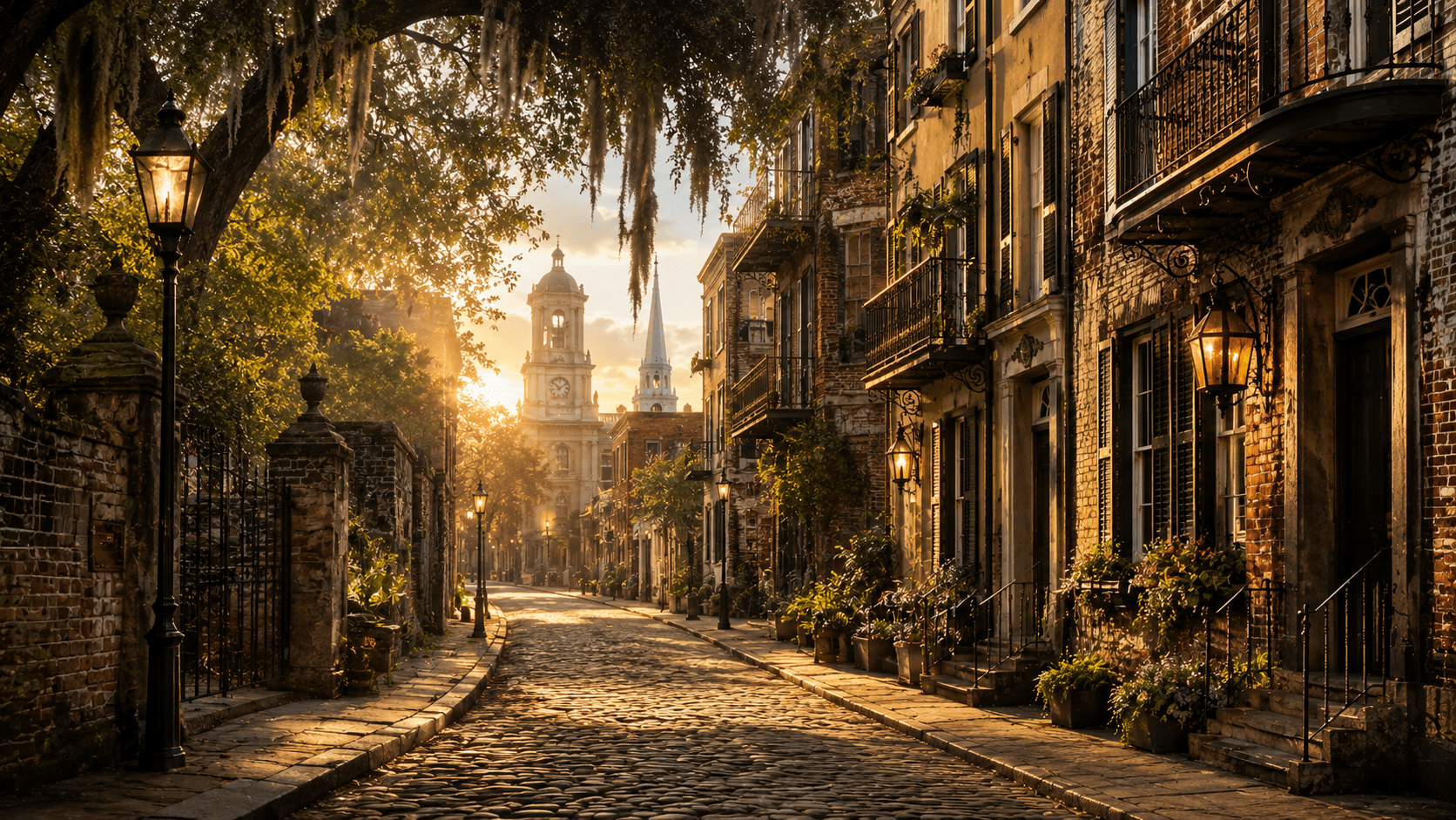 Tree-lined historic district with brick buildings and cobblestone streets