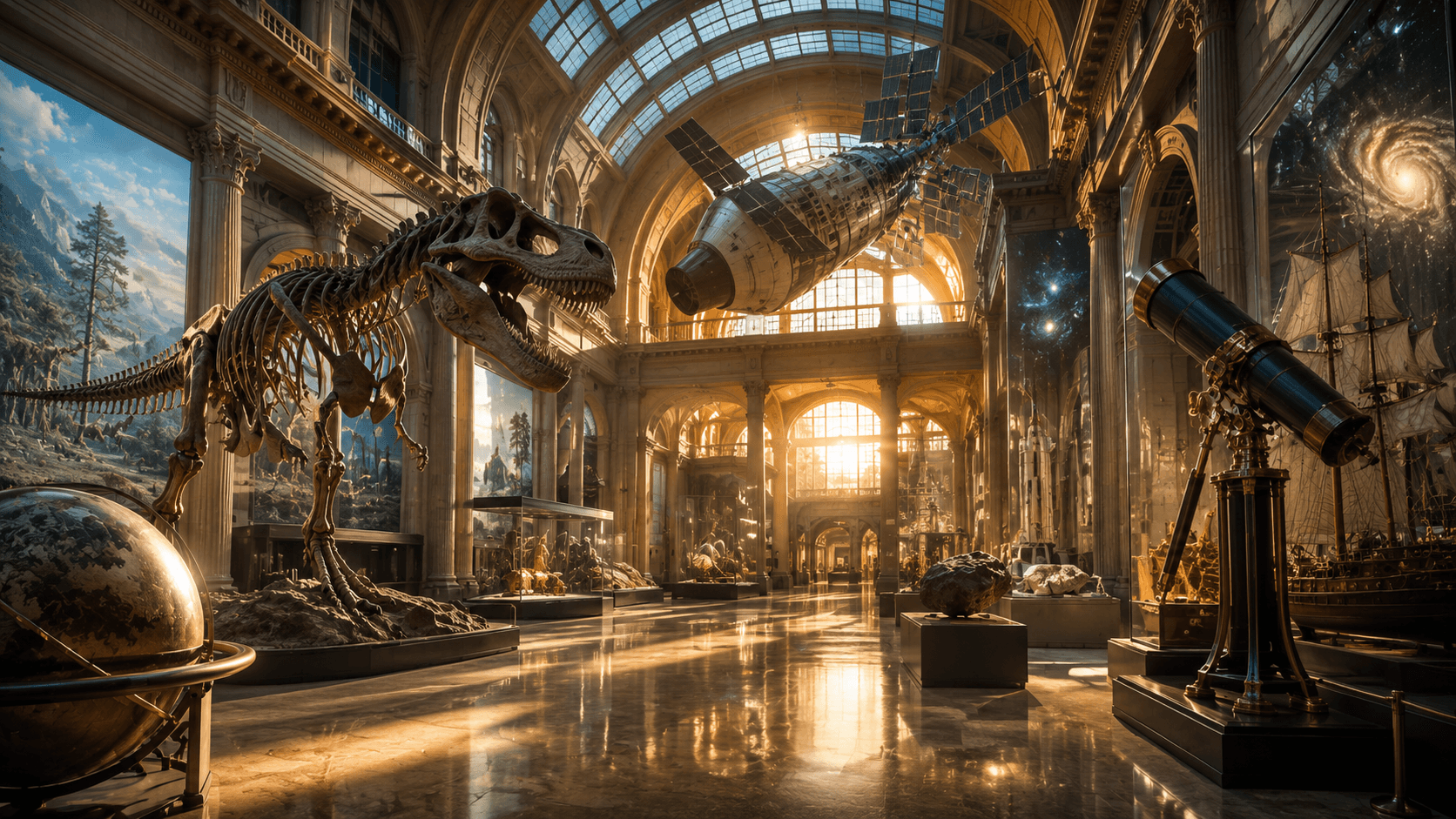 Grand natural history and science museum filled with exhibits